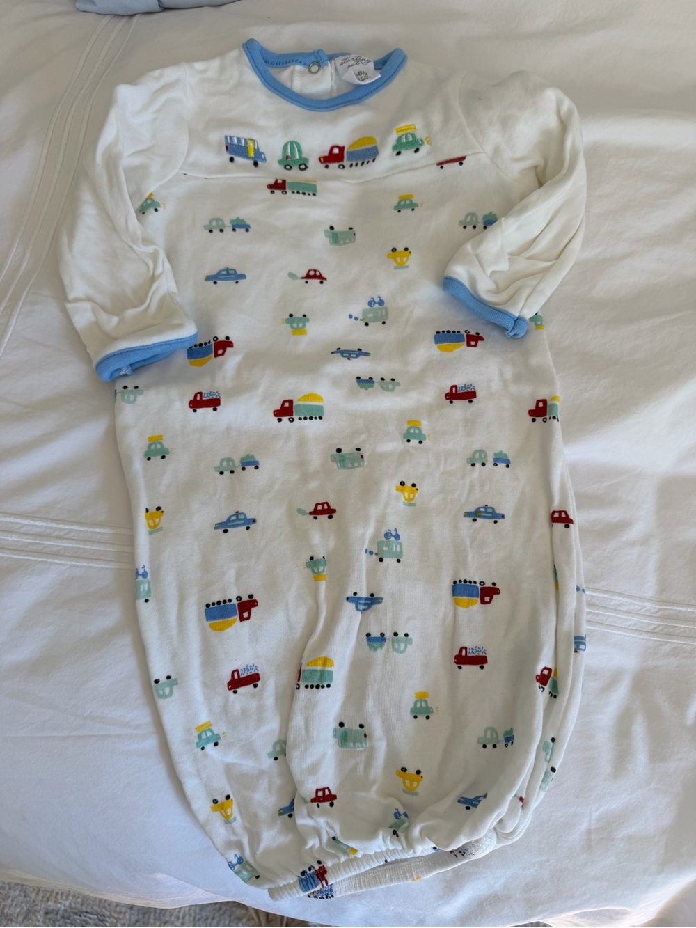 Starting Out White Footie Gown with Multi-Color Vehicle Print and Blue Trim